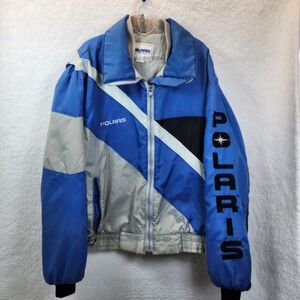 Vintage POLARIS Winterwear Jacket Blue Black Snowmobile USA Racing Mens XL FLAWS